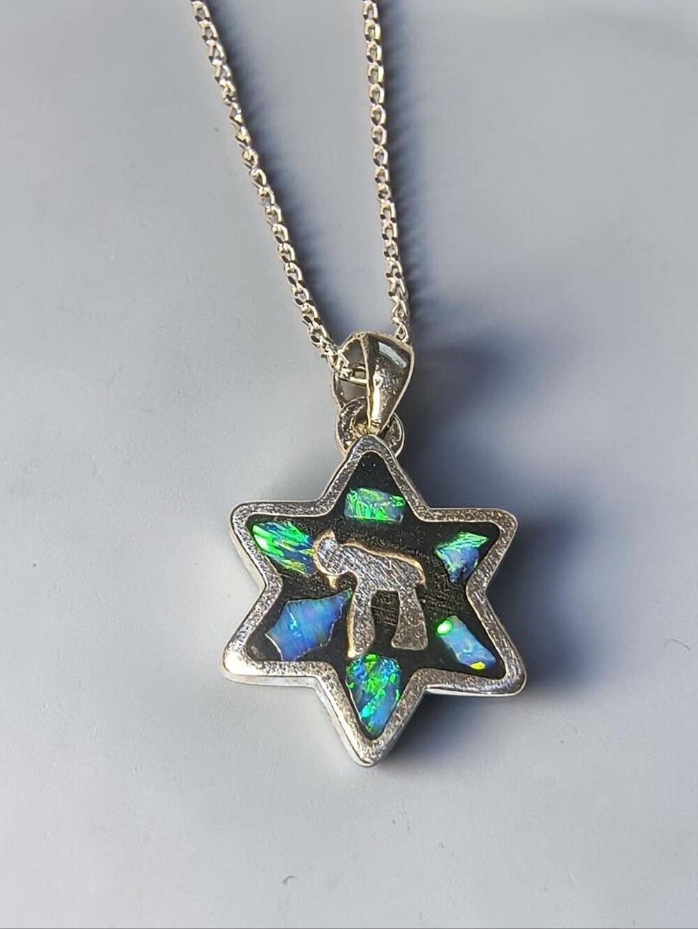 Blue Lab Opal & Sterling Silver Star of David Magen David Necklace Brand New